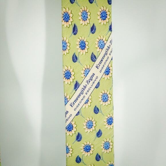 Ermenegildo Zegna Green Blue Floral Print 3.5 inches Wide Tie Necktie - Picture 4 of 7